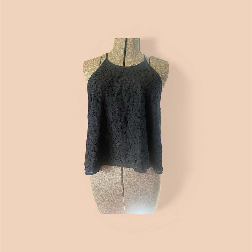 Anthropologie Paper Crane Trapeze Cropped Black Lace Camisole Top Size L Sheer